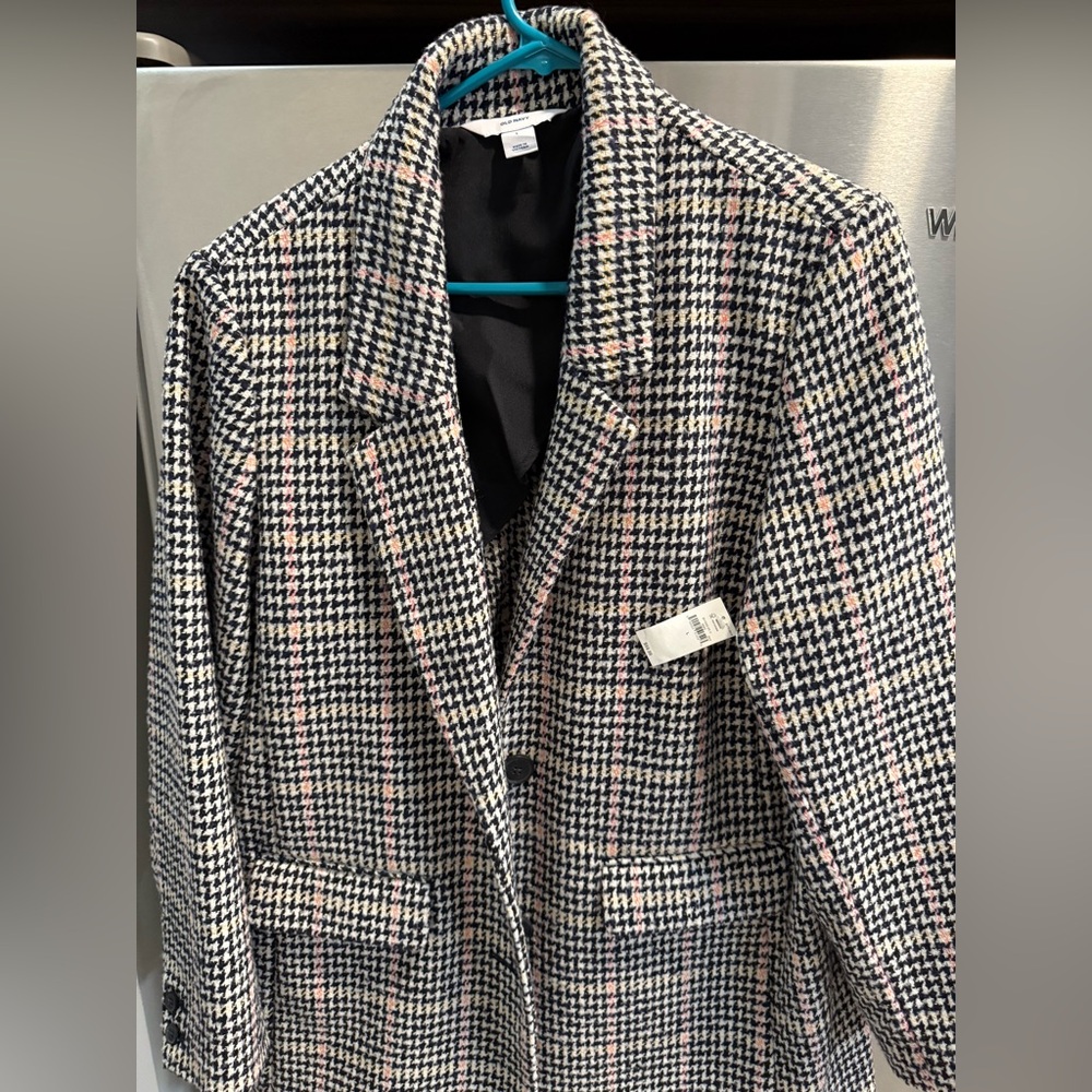 Old Navy Women's Classic Houndstooth Blazer - Navy Blue, White, Pink